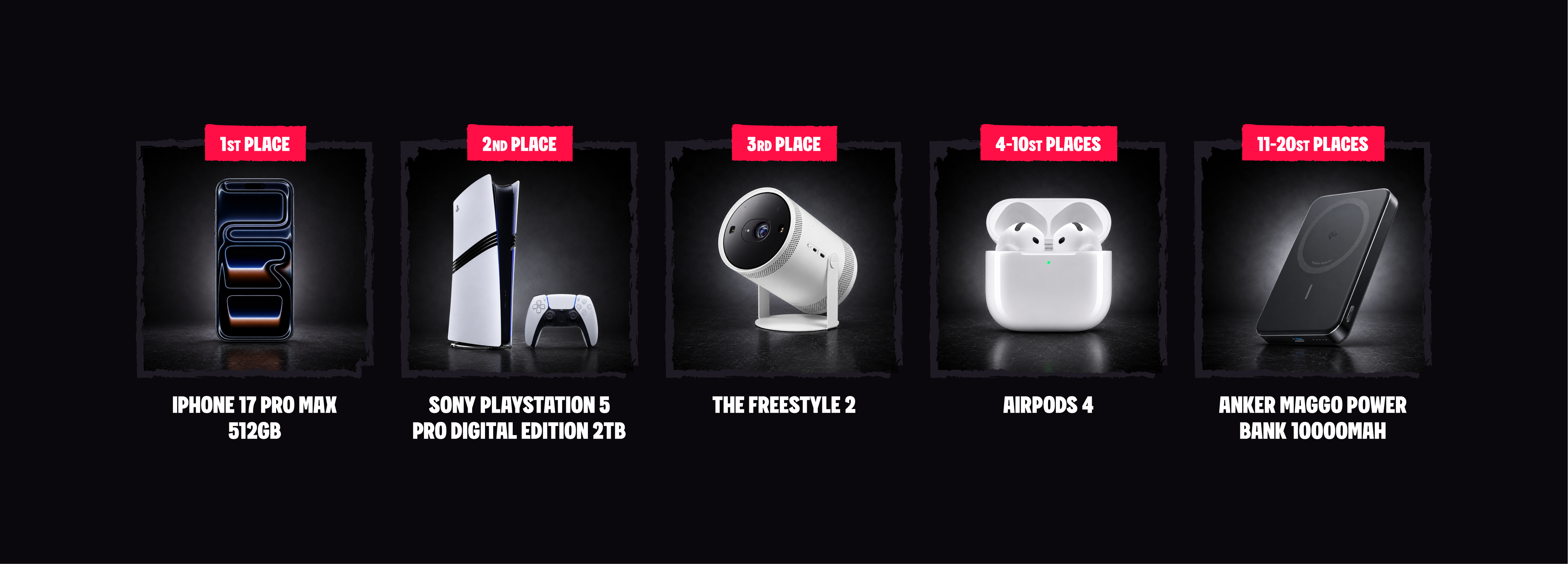 Turbo Tournament prize pool — 1st iPhone 17 Pro Max 512GB, 2nd PlayStation 5 Pro Digital 2TB, 3rd Samsung Freestyle 2, 4–10 AirPods 4, 11–20 Anker MagGo 10000mAh